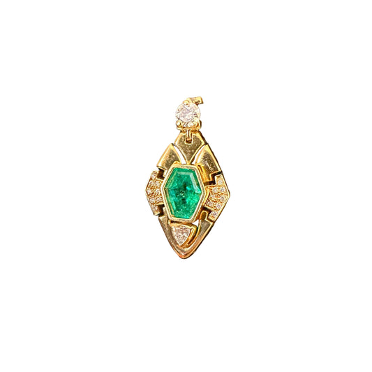 GIA Certified Hexagonal Emerald F1 & Diamond 18k Yellow Gold Pendant