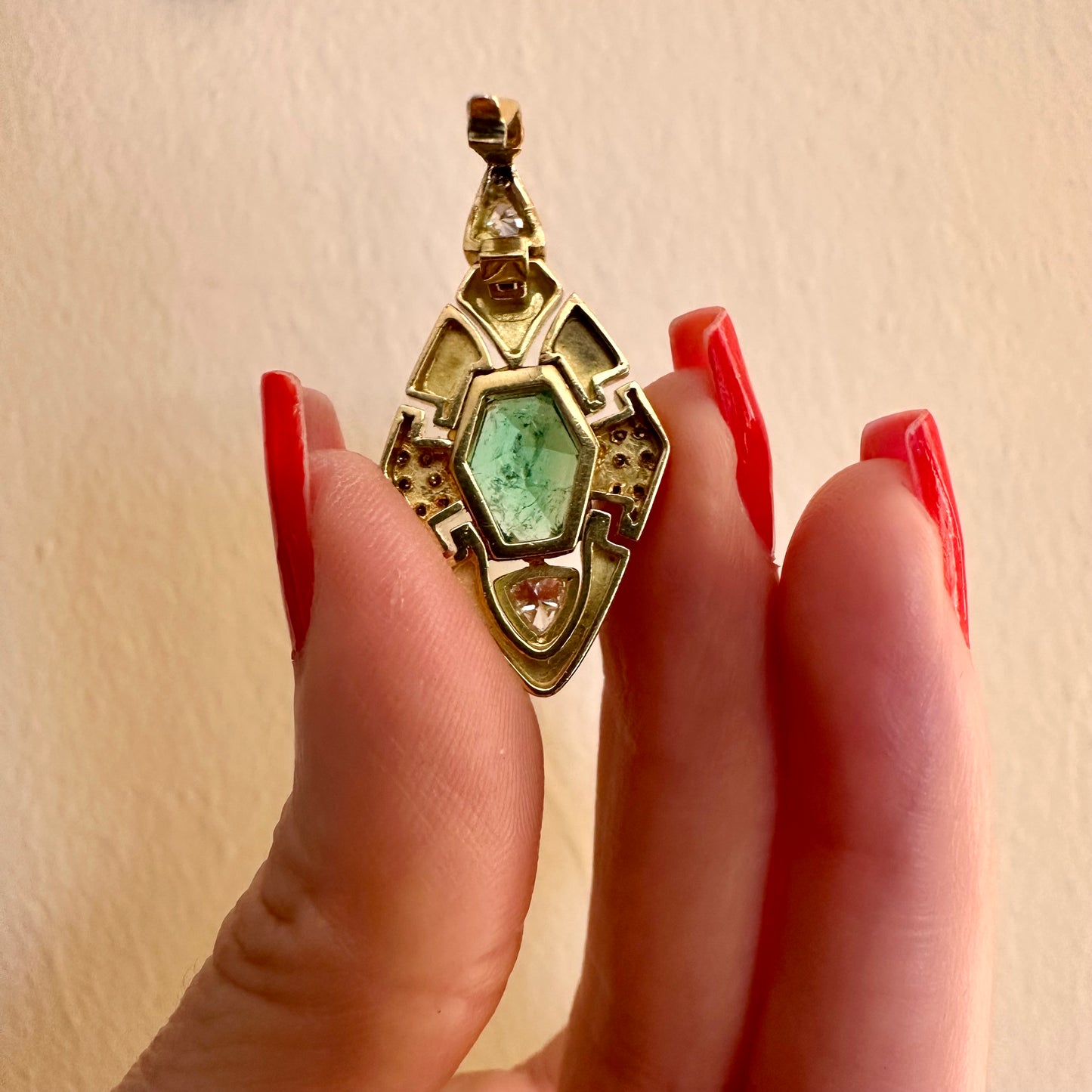 GIA Certified Hexagonal Emerald F1 & Diamond 18k Yellow Gold Pendant