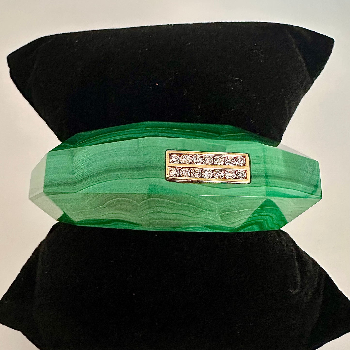 Malachite and Diamond Bangle, Carved Malachite Bracelet, Natural Malachite 18k Yellow Gold Cuff