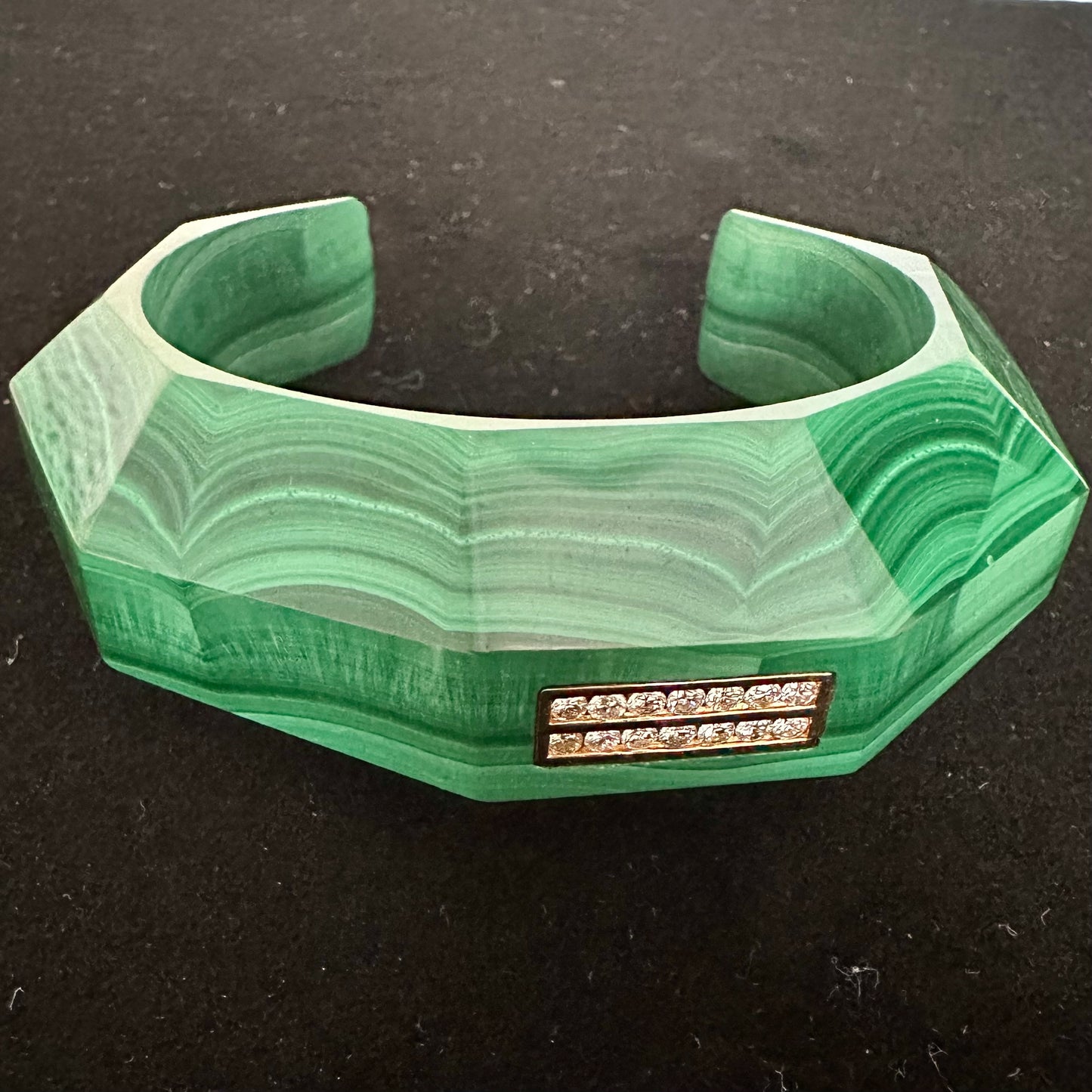 Malachite and Diamond Bangle, Carved Malachite Bracelet, Natural Malachite 18k Yellow Gold Cuff