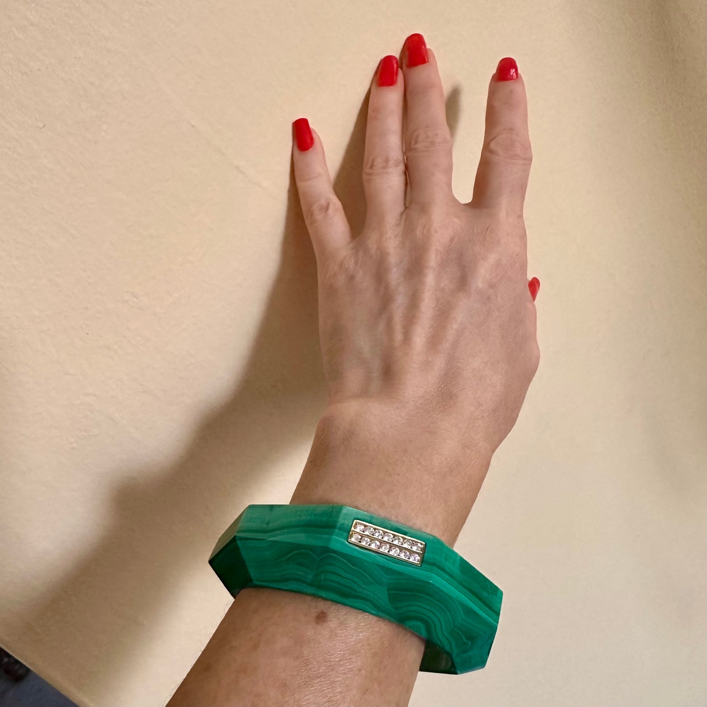 Malachite and Diamond Bangle, Carved Malachite Bracelet, Natural Malachite 18k Yellow Gold Cuff