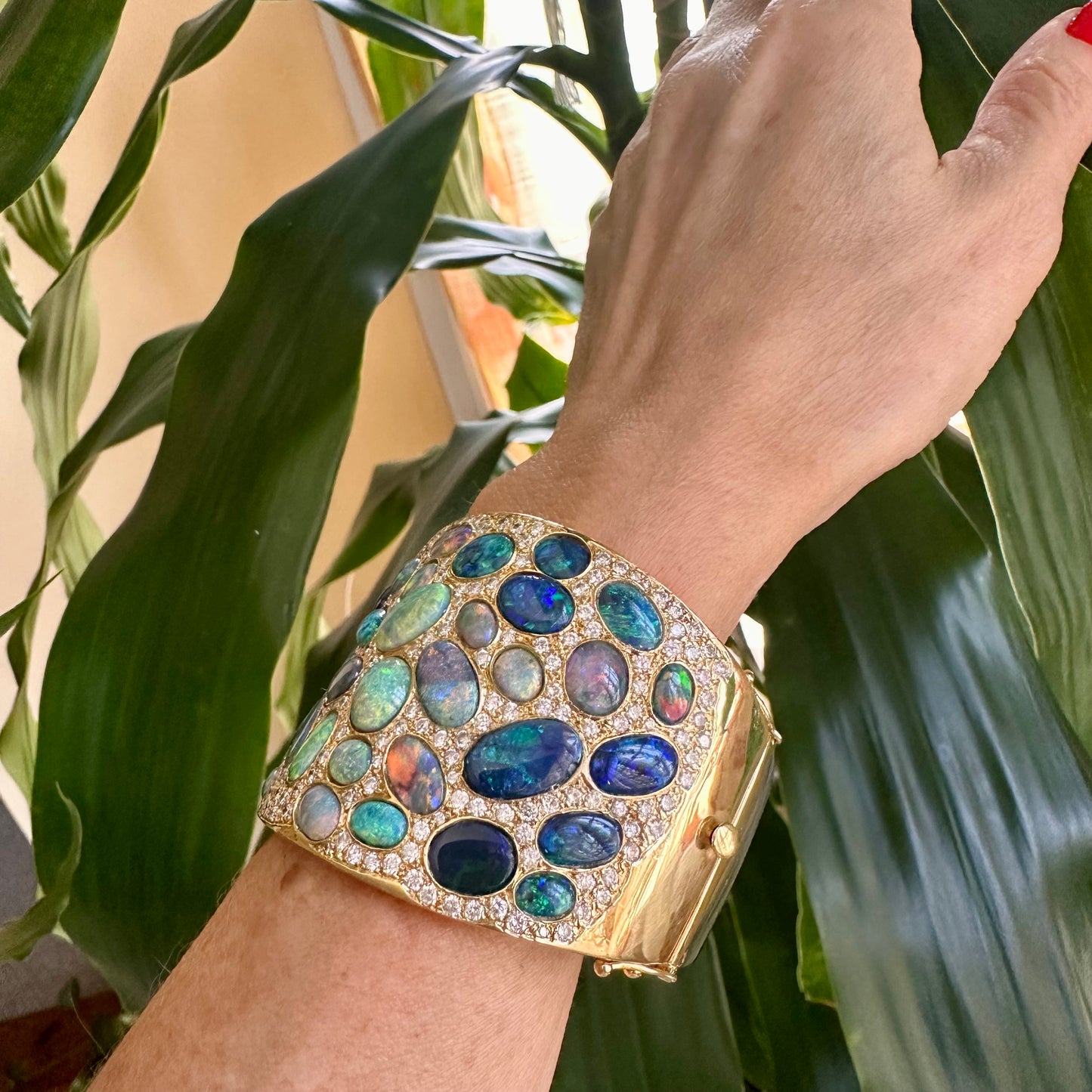 Vintage Opal and Diamond 18k Bangle, Opal Bracelet, October Birthstone Gemstone Bangle, Fiery Opal Bangle