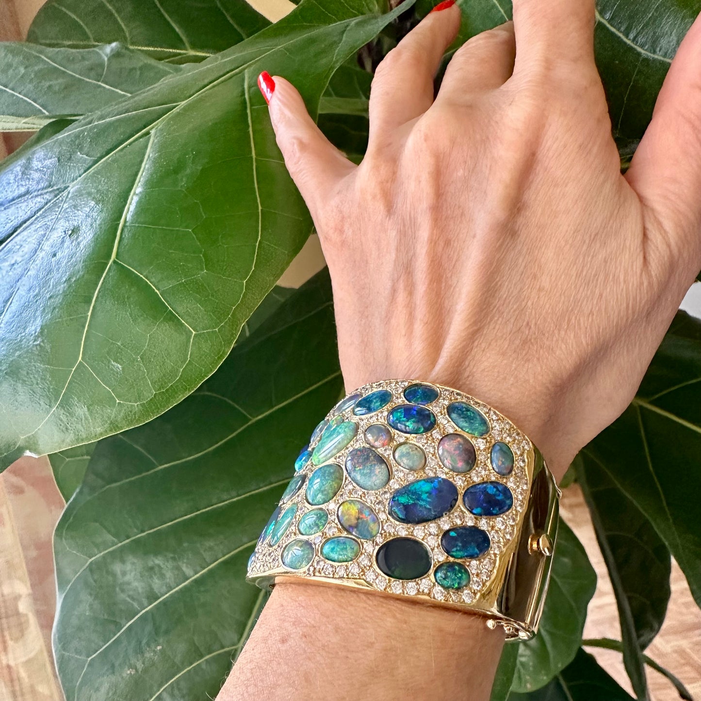 Vintage Opal and Diamond 18k Bangle, Opal Bracelet, October Birthstone Gemstone Bangle, Fiery Opal Bangle
