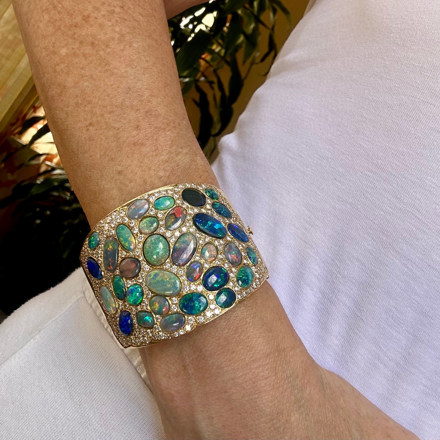 Vintage Opal and Diamond 18k Bangle, Opal Bracelet, October Birthstone Gemstone Bangle, Fiery Opal Bangle