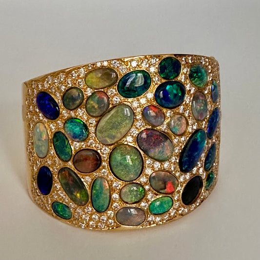 Vintage Opal and Diamond 18k Bangle, Opal Bracelet, October Birthstone Gemstone Bangle, Fiery Opal Bangle