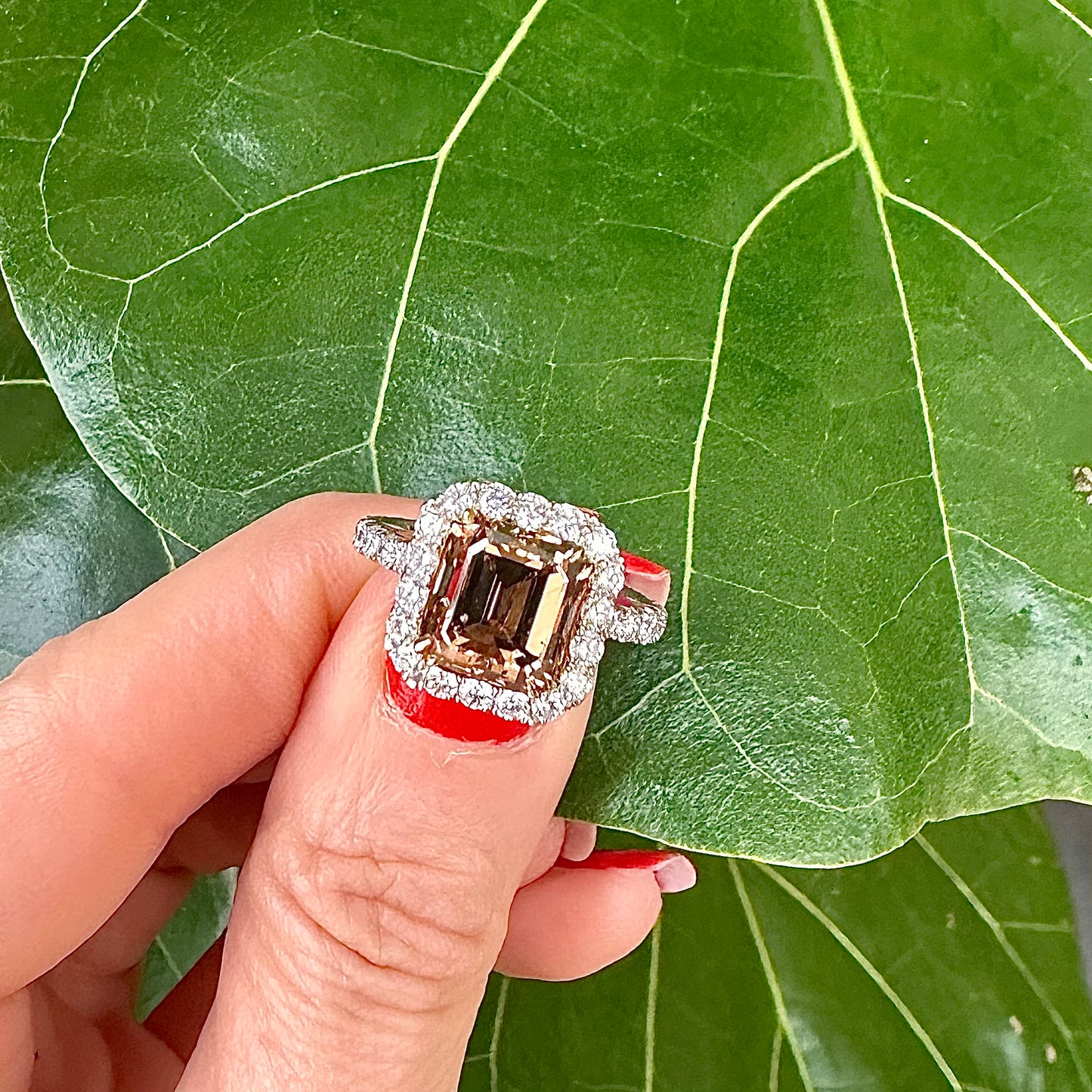 Fancy Dark Yellow Brown Emerald Cut Diamond Ring, Engagement Ring 18k