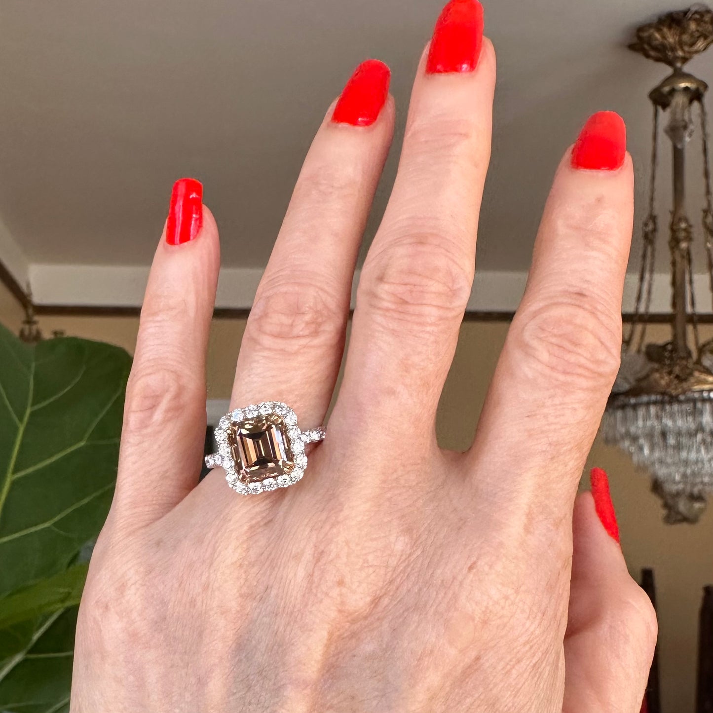 Fancy Dark Yellow Brown Emerald Cut Diamond Ring, Engagement Ring 18k