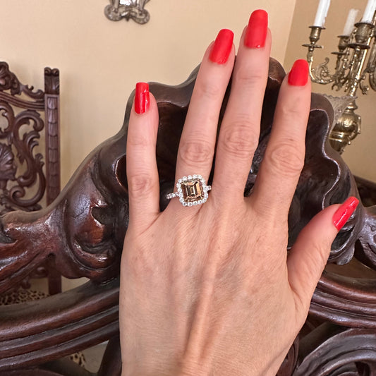 Fancy Dark Yellow Brown Emerald Cut Diamond Ring, Engagement Ring 18k