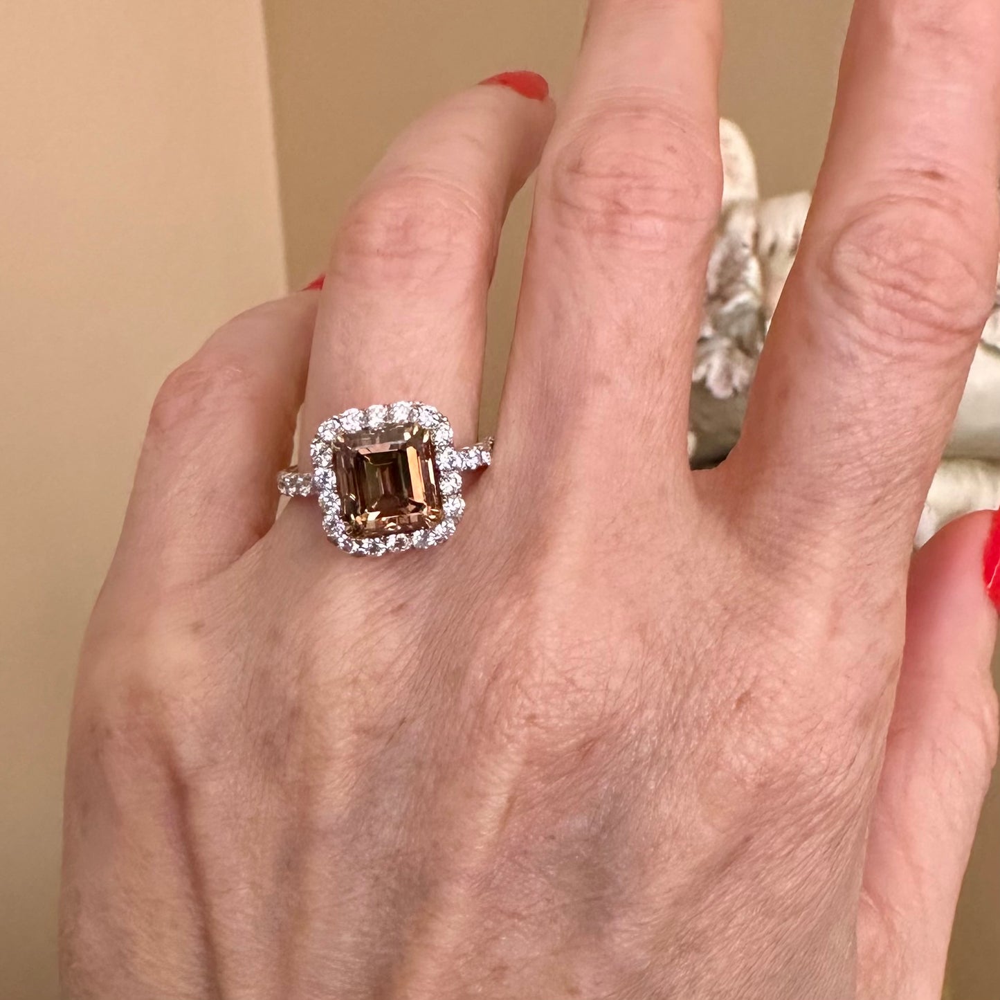 Fancy Dark Yellow Brown Emerald Cut Diamond Ring, Engagement Ring 18k