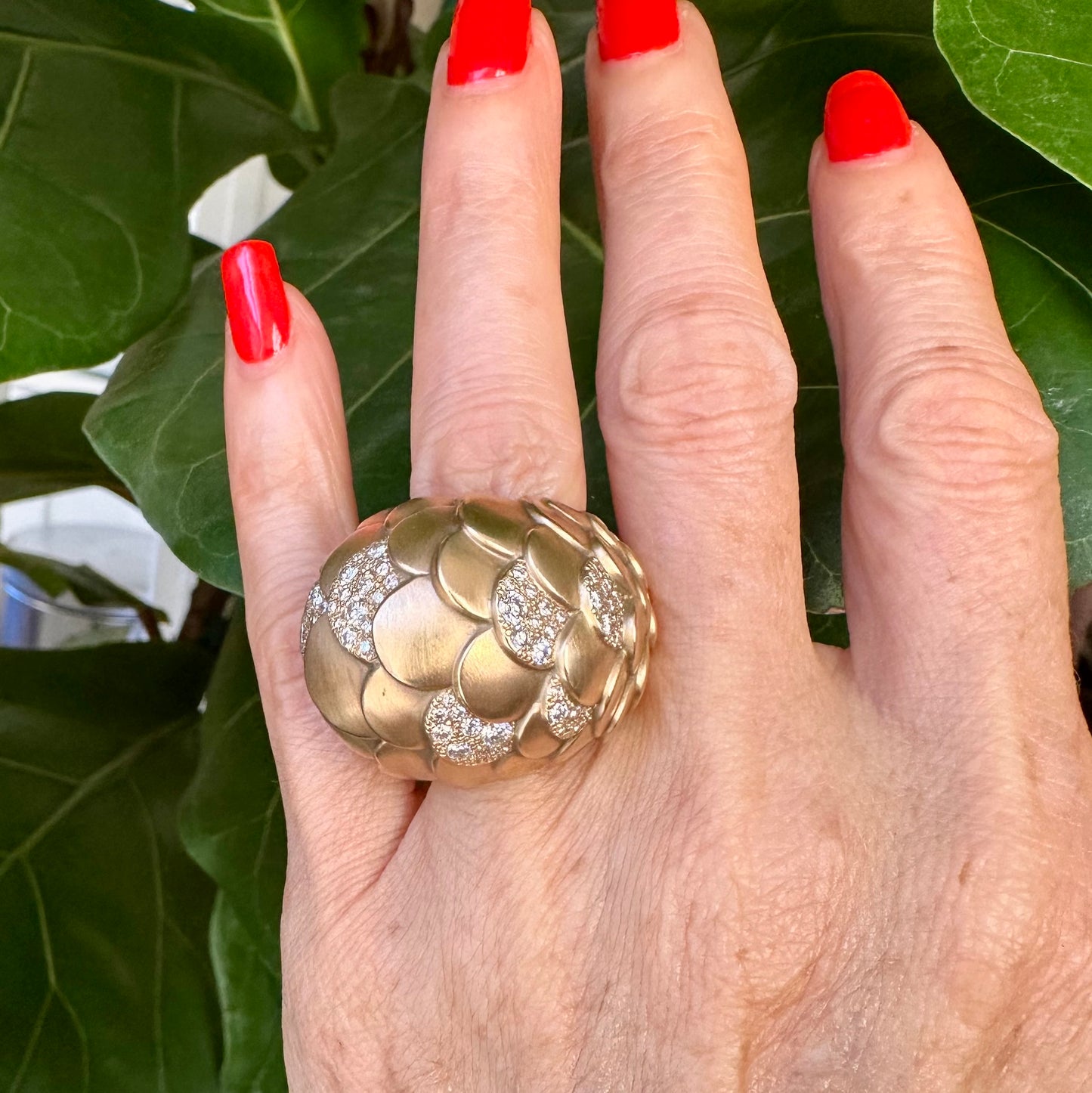 Pomellato Estate Dome Diamond 18k Rose Gold Ring, Fish Scale Diamond Ring, Statement Ring