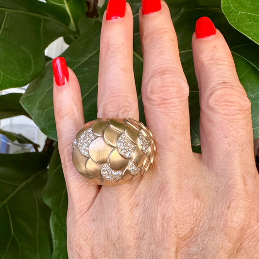 Pomellato Estate Dome Diamond 18k Rose Gold Ring, Fish Scale Diamond Ring, Statement Ring