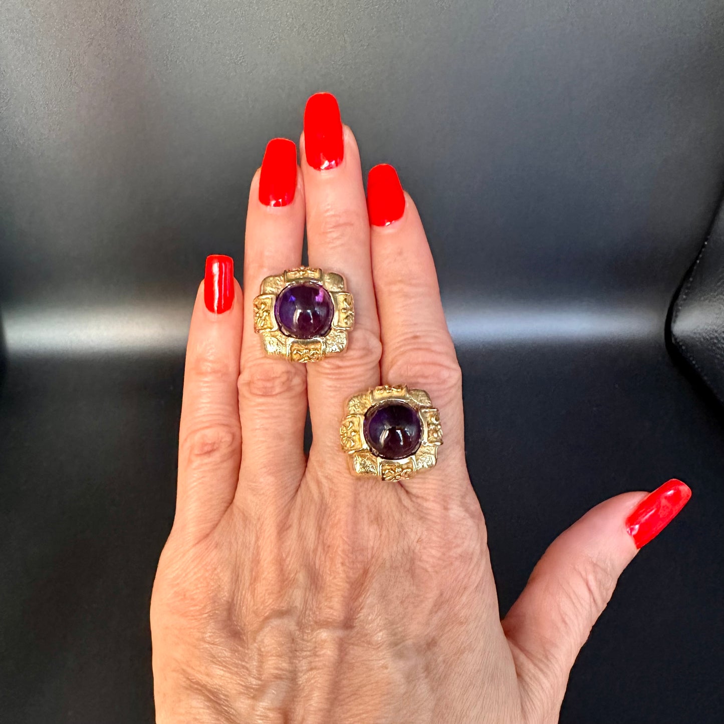 Sugarloaf Amethyst 18k Yellow Gold Earrings, Button Earrings, Designer Jewelry, September Birthstone