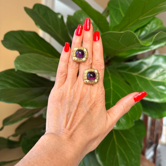 Sugarloaf Amethyst 18k Yellow Gold Earrings, Button Earrings, Designer Jewelry, September Birthstone