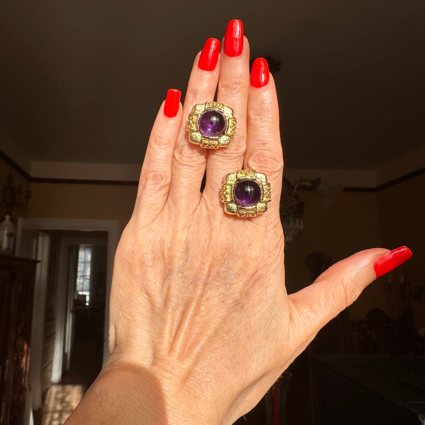 Sugarloaf Amethyst 18k Yellow Gold Earrings, Button Earrings, Designer Jewelry, September Birthstone