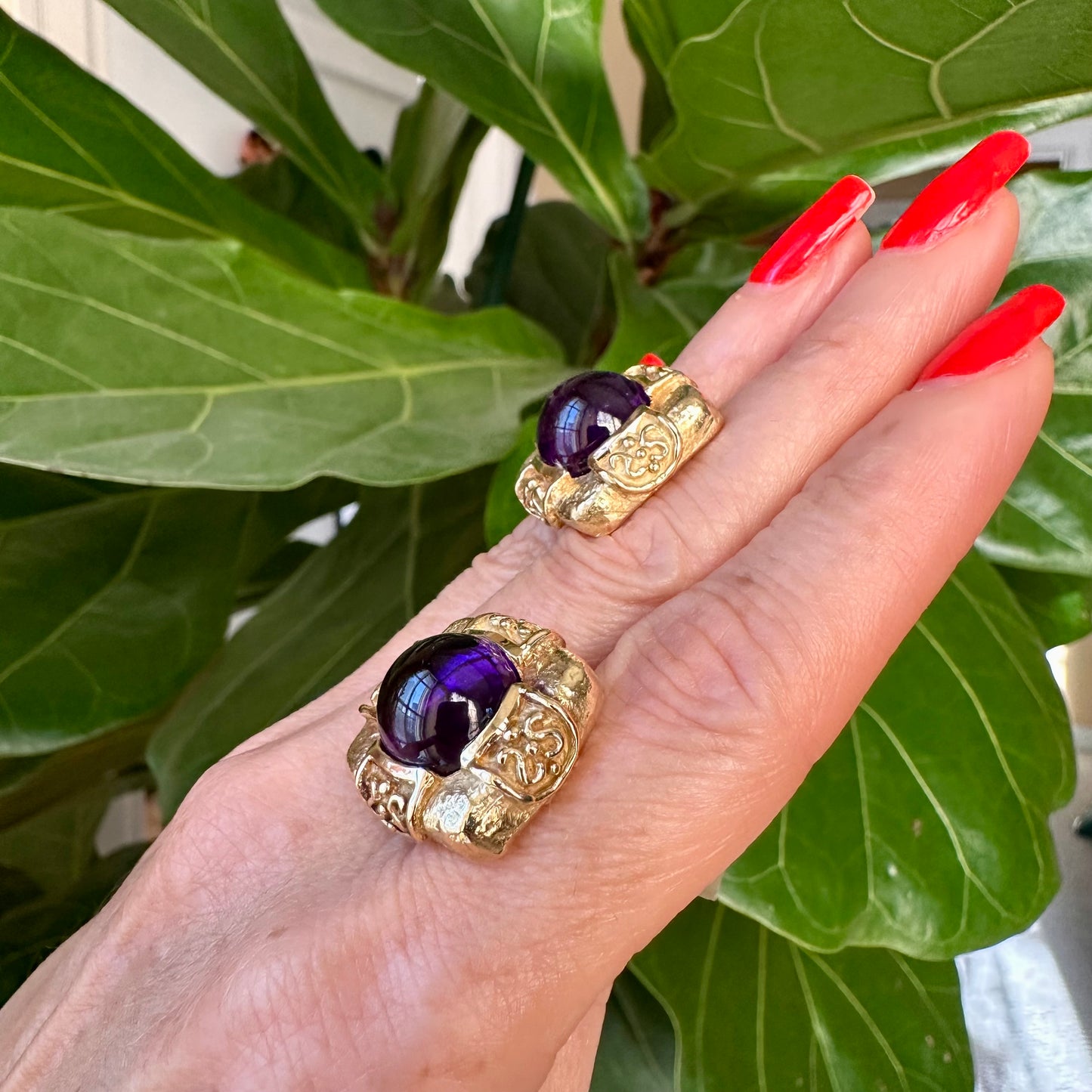 Sugarloaf Amethyst 18k Yellow Gold Earrings, Button Earrings, Designer Jewelry, September Birthstone