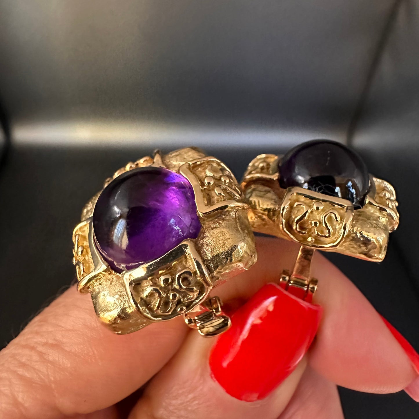 Sugarloaf Amethyst 18k Yellow Gold Earrings, Button Earrings, Designer Jewelry, September Birthstone
