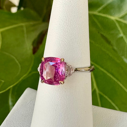 Natural Pink Sapphire & Diamond Ring Platinum & 18k, Vivid Purplish Pink Sapphire, Cushion Cut Sapphire