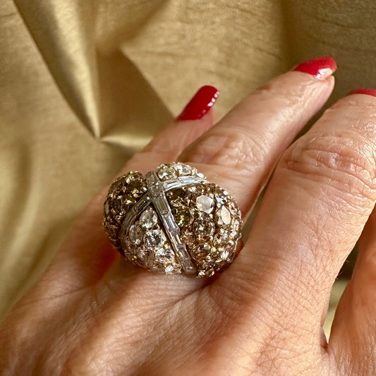 Champagne and White Diamonds in Dome Criss Cross Design Ring 18k Platinum