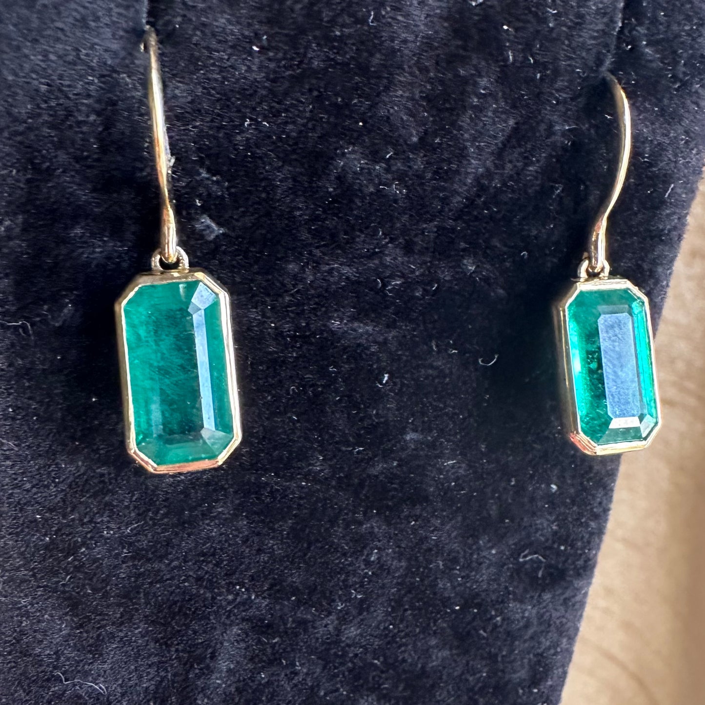 Natural Emerald in Bezel Setting Hook Earrings 18k Yellow Gold