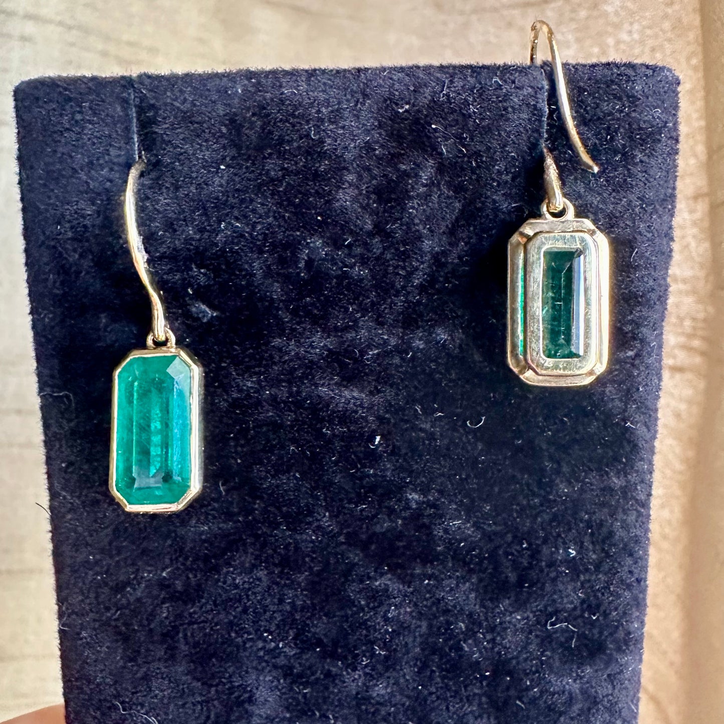 Natural Emerald in Bezel Setting Hook Earrings 18k Yellow Gold