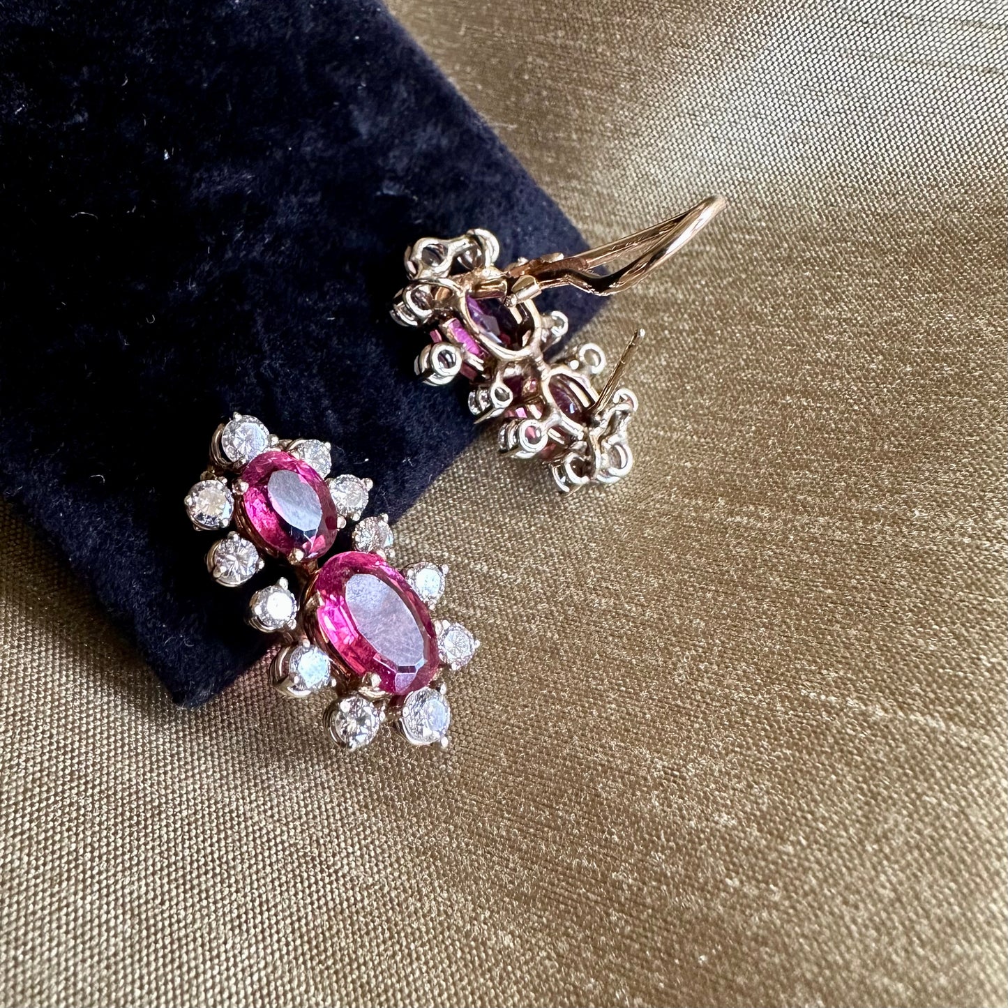 Vintage Tourmaline Diamond Earrings 14k Yellow and White Gold