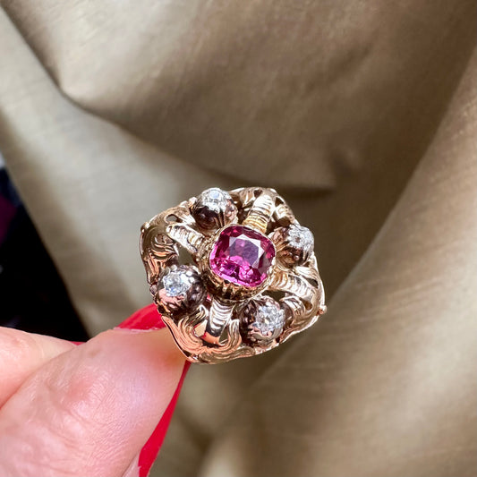 Antique Thai No Heat Ruby and Diamond Ring 14k Yellow Gold