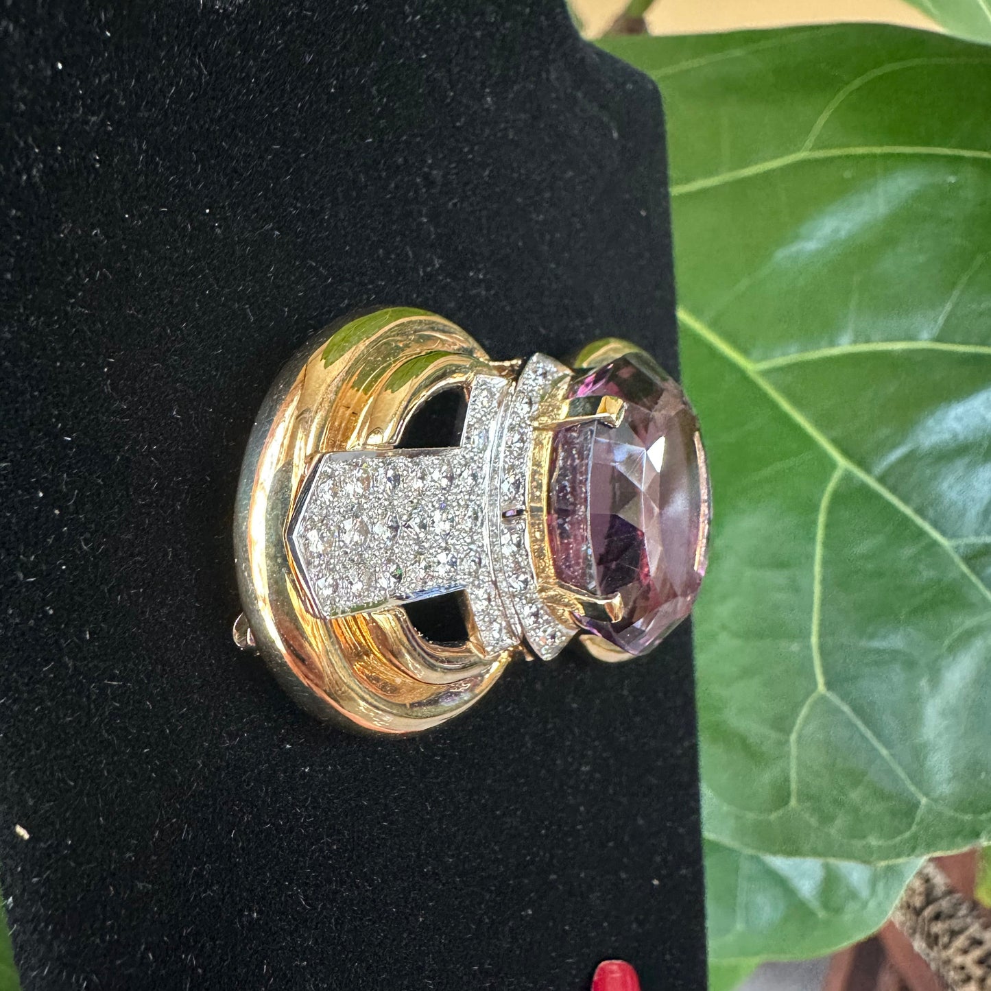 Retro Amethyst And Diamond Brooch/Pin Platinum 18k Yellow Gold