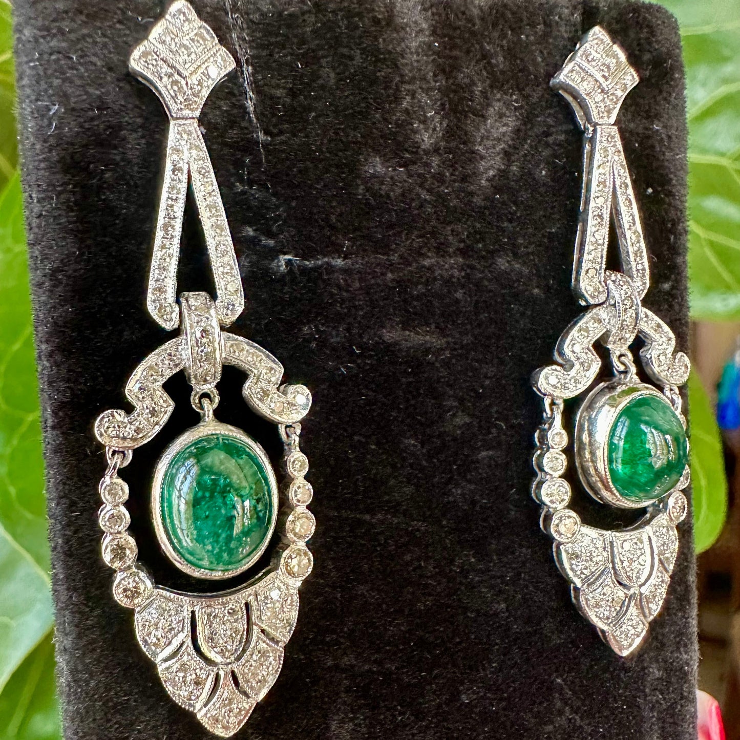 Vintage Diamond & Emerald Platinum Drop Earrings
