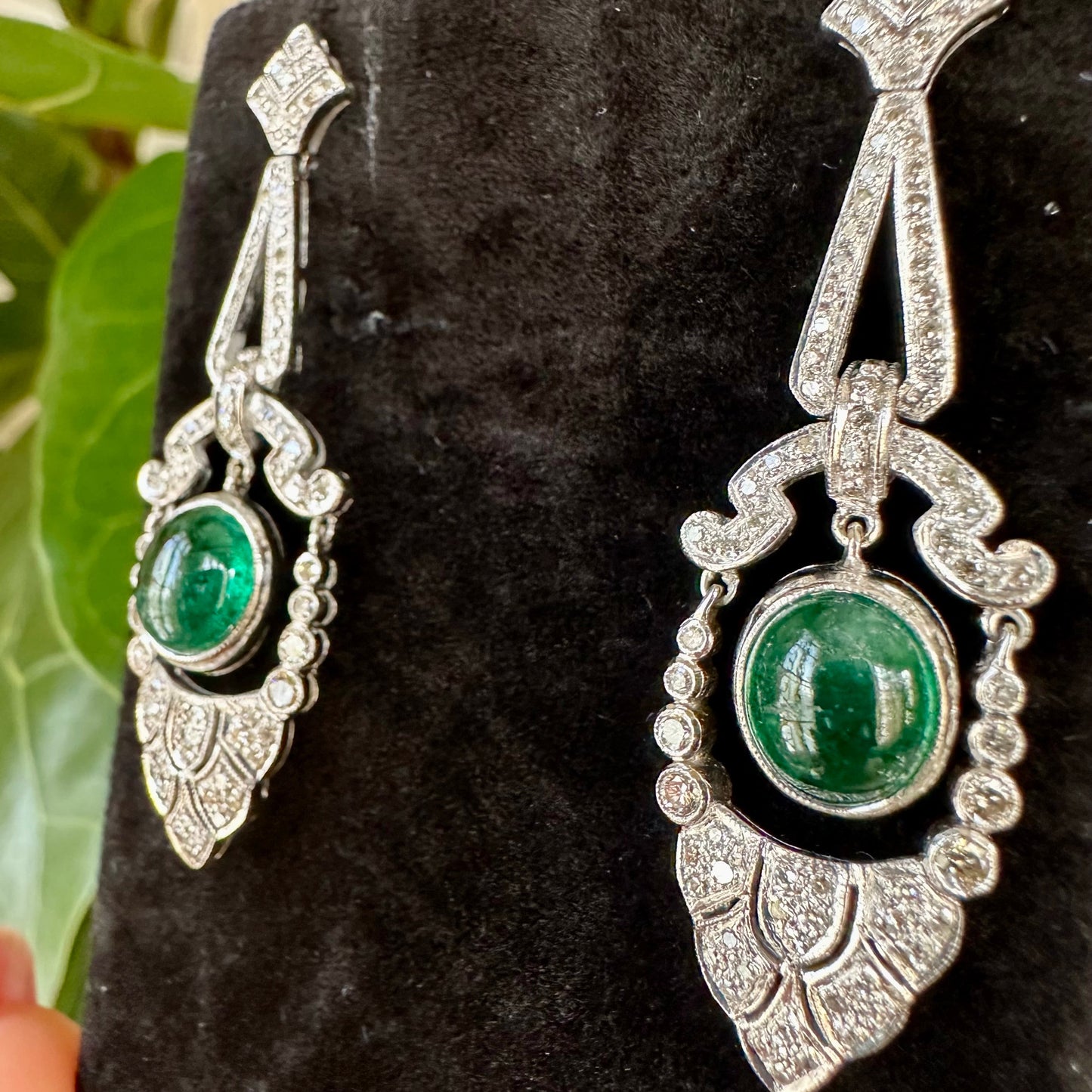 Vintage Diamond & Emerald Platinum Drop Earrings