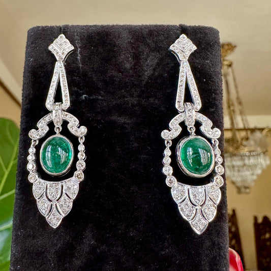 Vintage Diamond & Emerald Platinum Drop Earrings