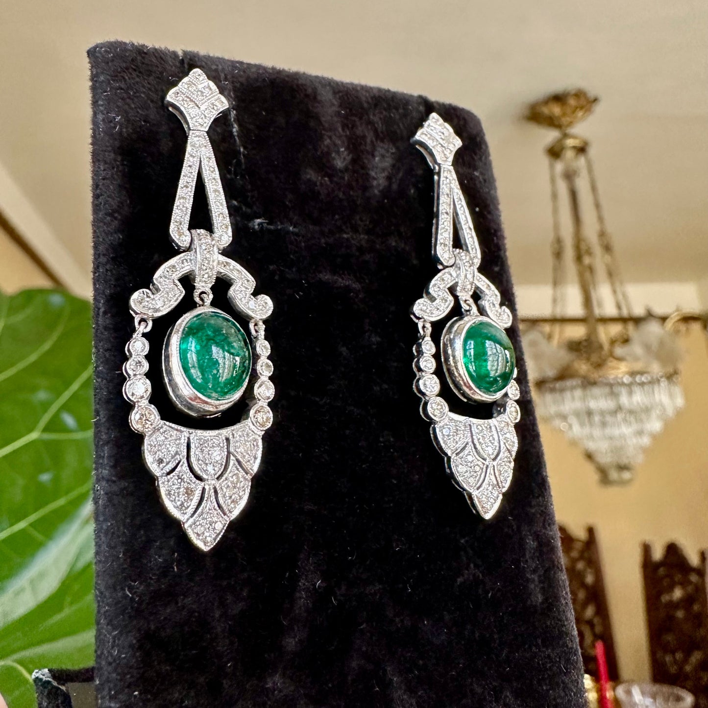 Vintage Diamond & Emerald Platinum Drop Earrings
