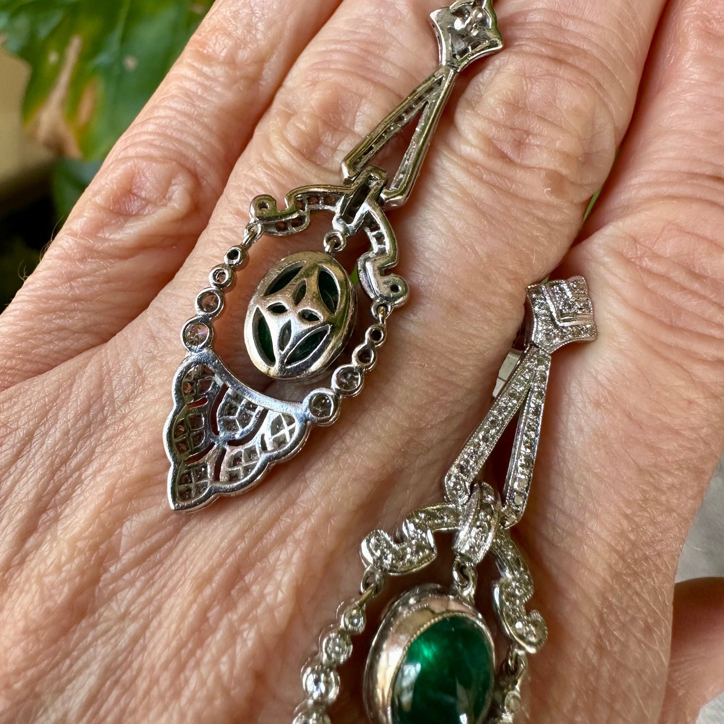 Vintage Diamond & Emerald Platinum Drop Earrings