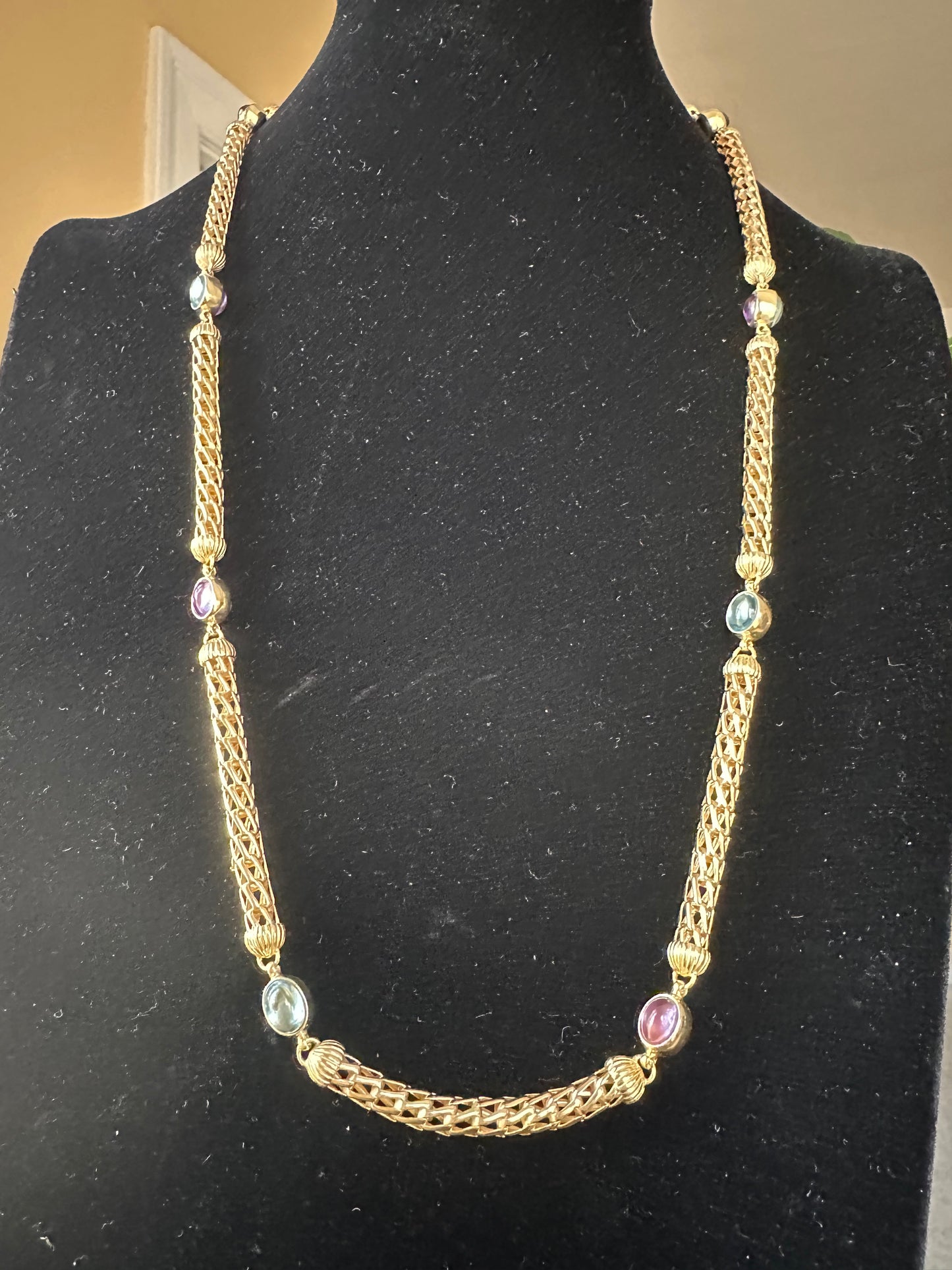 18k Yellow Gold Station Necklace with Precious Stones