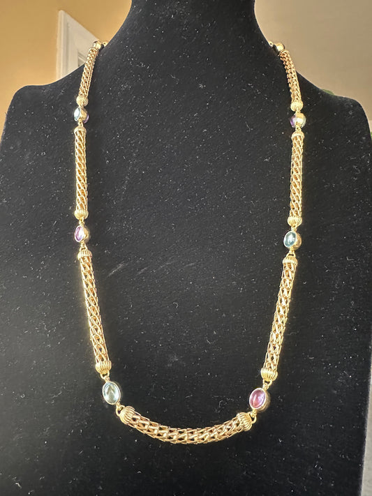 18k Yellow Gold Station Necklace with Precious Stones