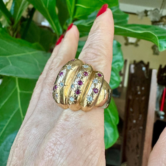 Retro Ruby and Diamond Ring 18k Yellow Gold