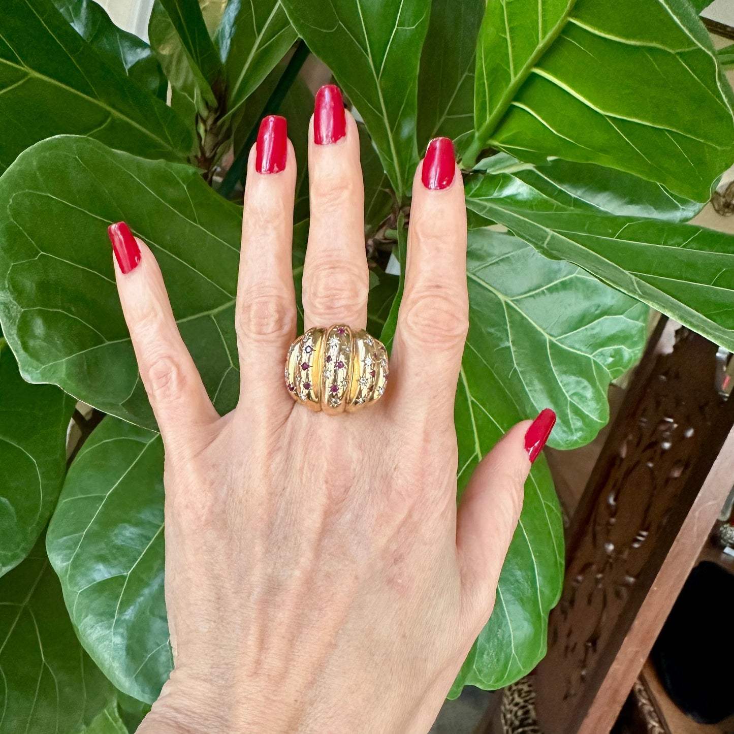 Retro Ruby and Diamond Ring 18k Yellow Gold