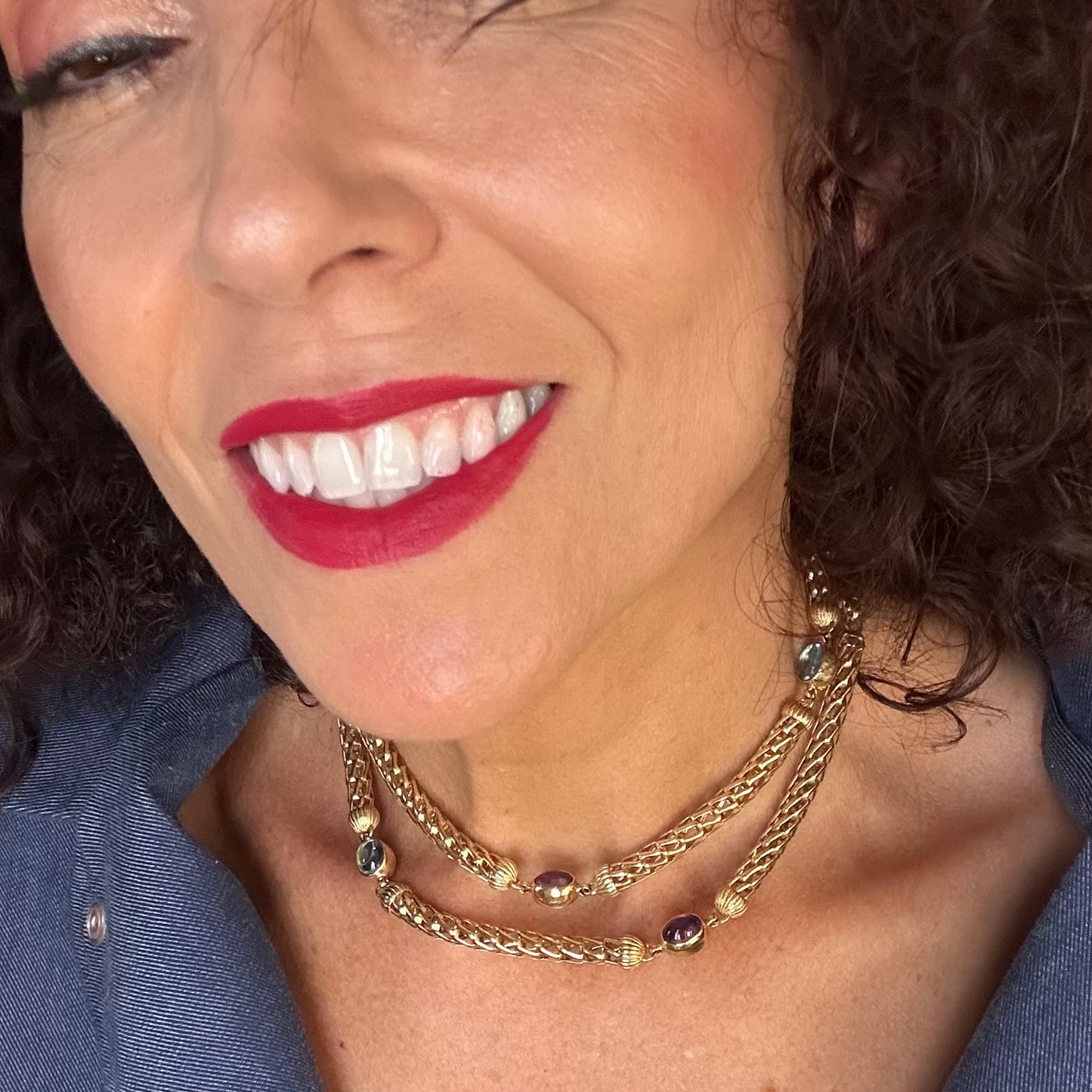 18k Yellow Gold Station Necklace with Precious Stones