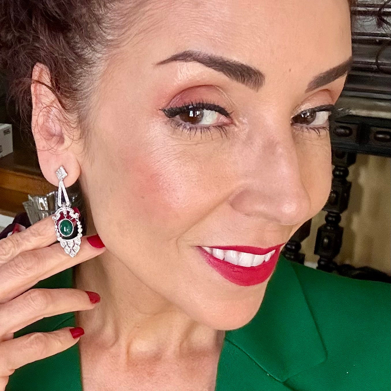 Vintage Diamond & Emerald Platinum Drop Earrings