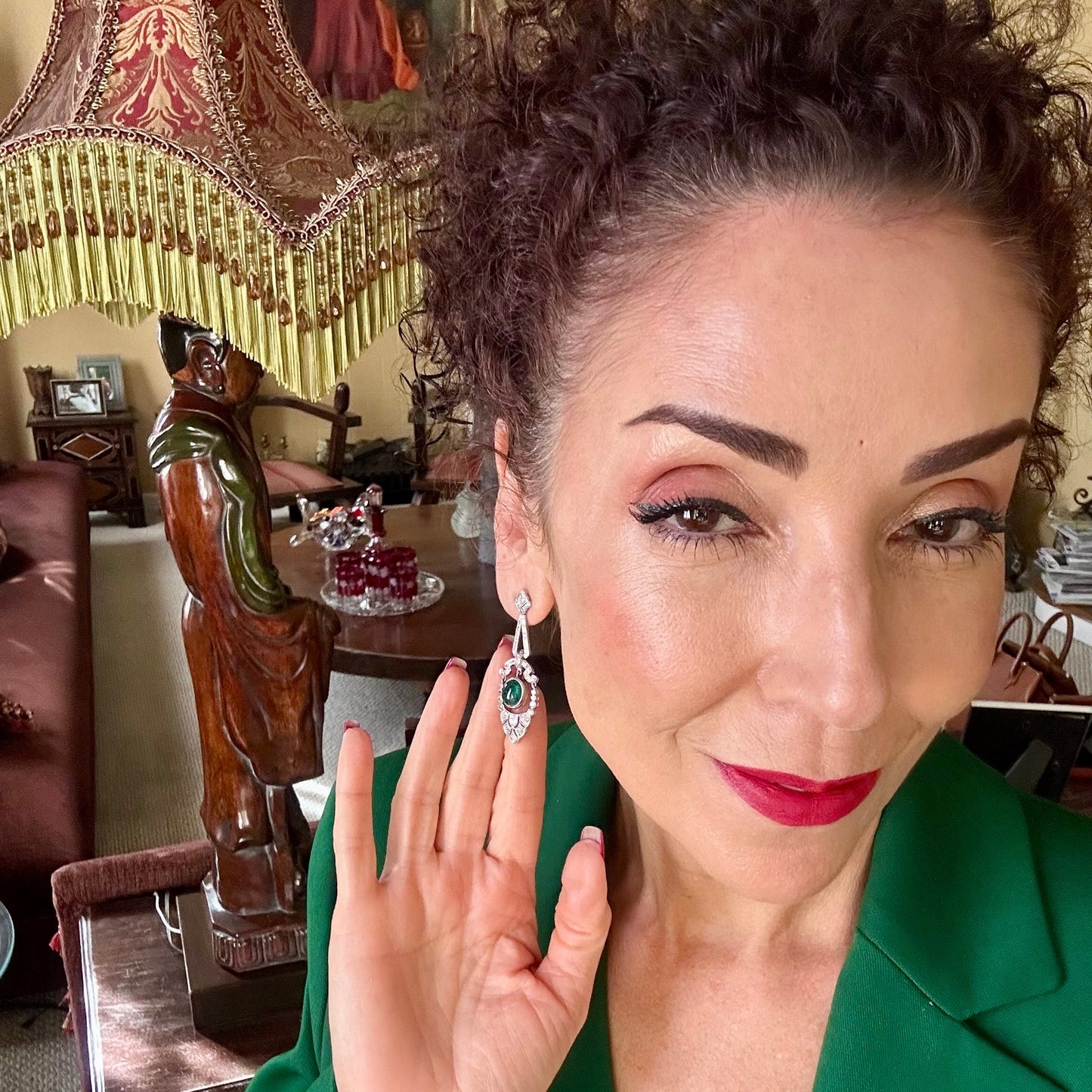 Vintage Diamond & Emerald Platinum Drop Earrings