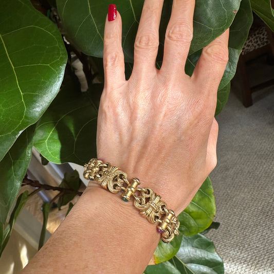 Vintage Italian Byzantine Link with Cabochon Precious Stones Bracelet 14k Yellow Gold