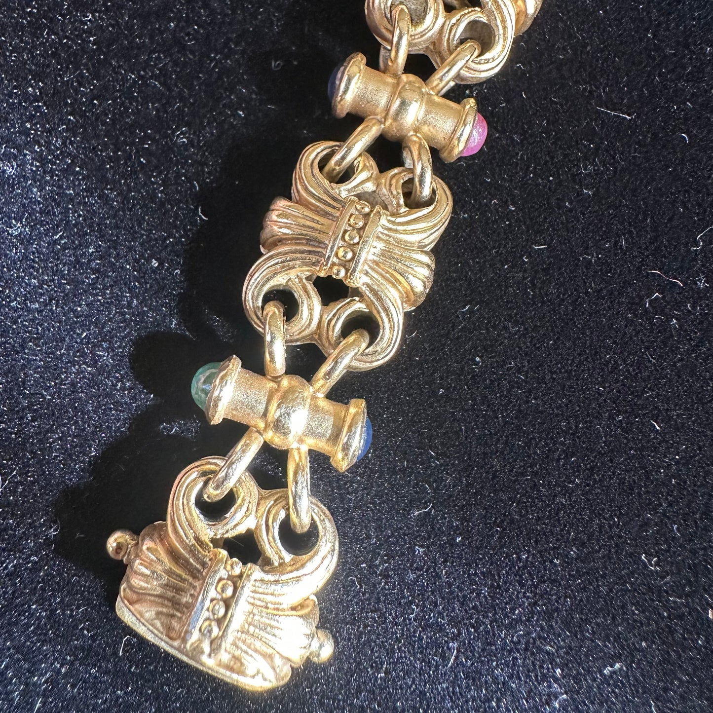 Vintage Italian Byzantine Link with Cabochon Precious Stones Bracelet 14k Yellow Gold