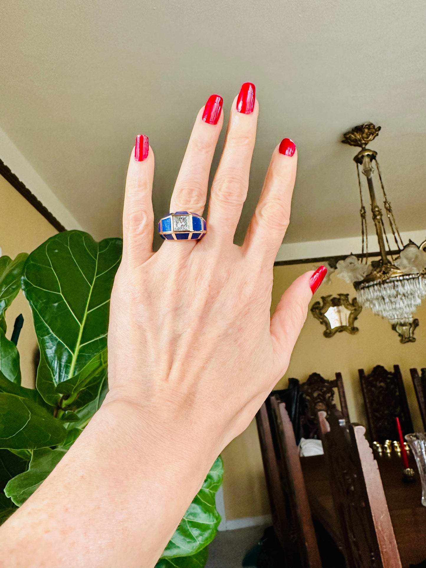 Vintage Princess Cut Diamond and Lapis Ring 14k Yellow Gold