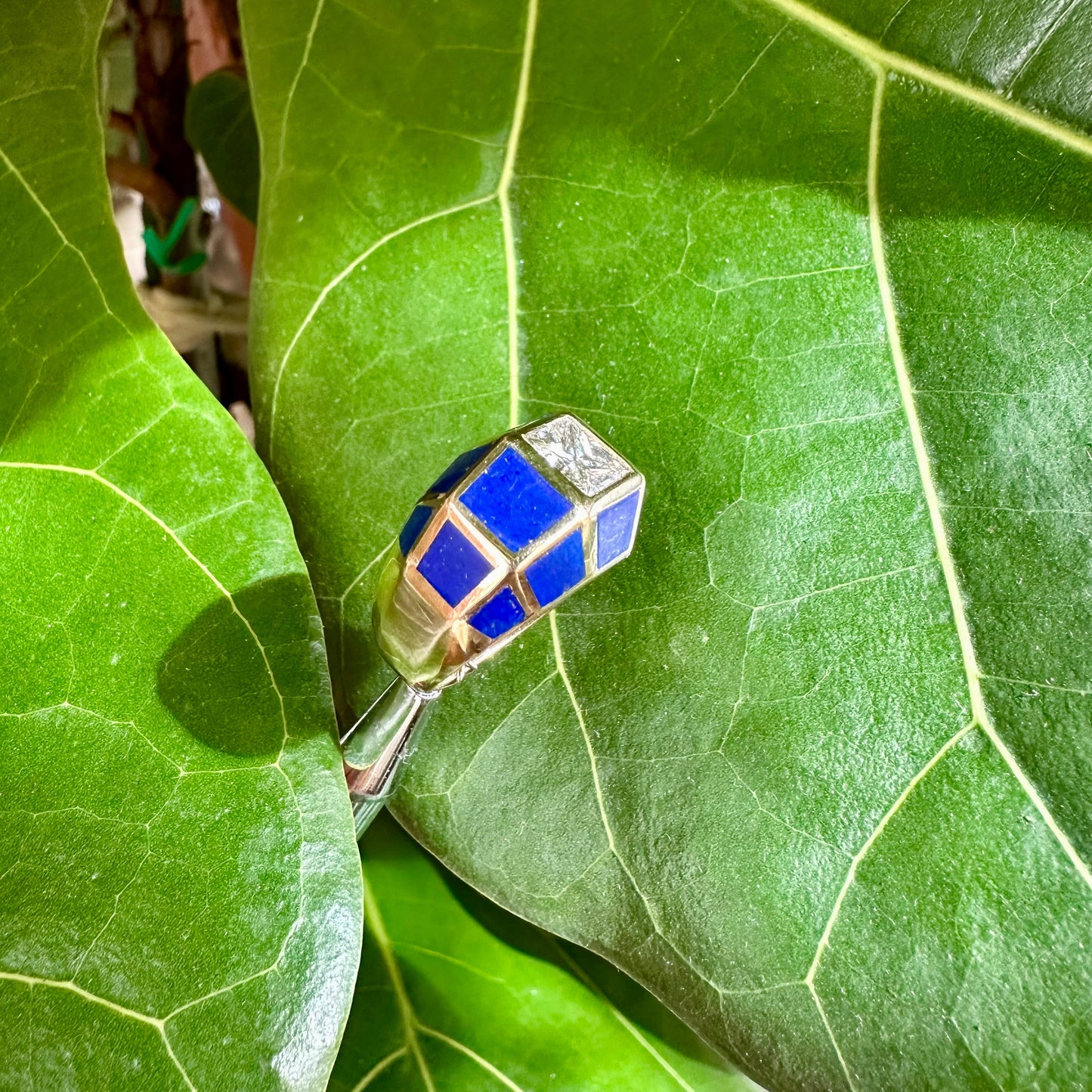 Vintage Princess Cut Diamond and Lapis Ring 14k Yellow Gold