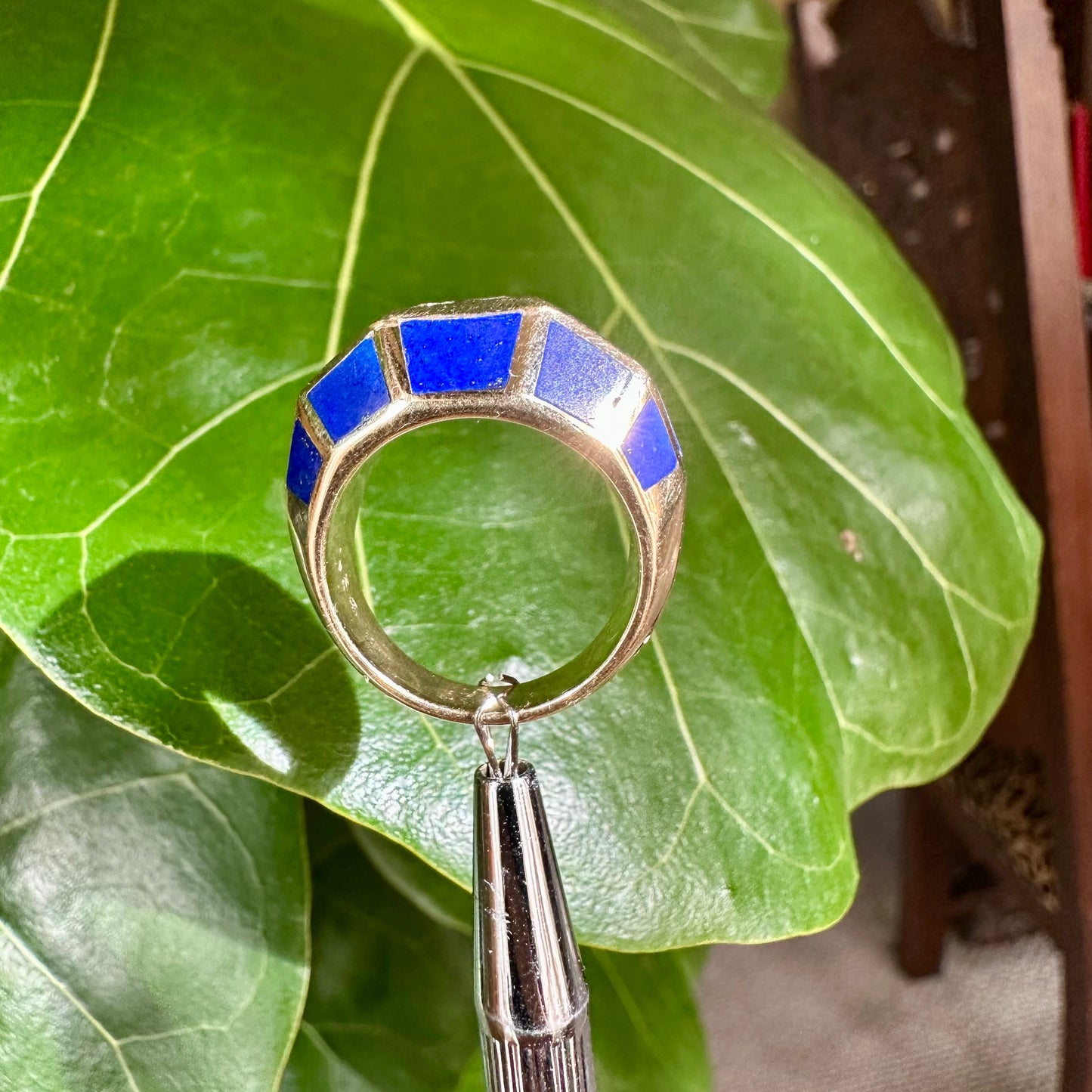 Vintage Princess Cut Diamond and Lapis Ring 14k Yellow Gold