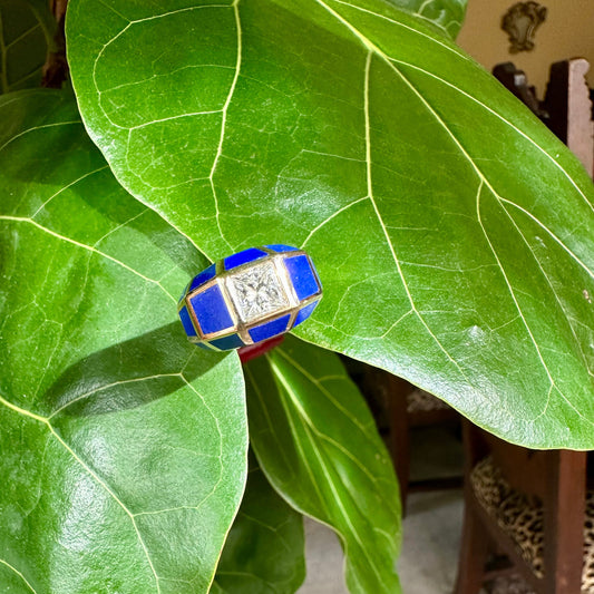 Vintage Princess Cut Diamond and Lapis Ring 14k Yellow Gold