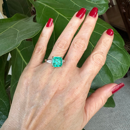 GIA 5.60 Radiant Step Cut Columbian Emerald & Diamond Ring Platinum 18k