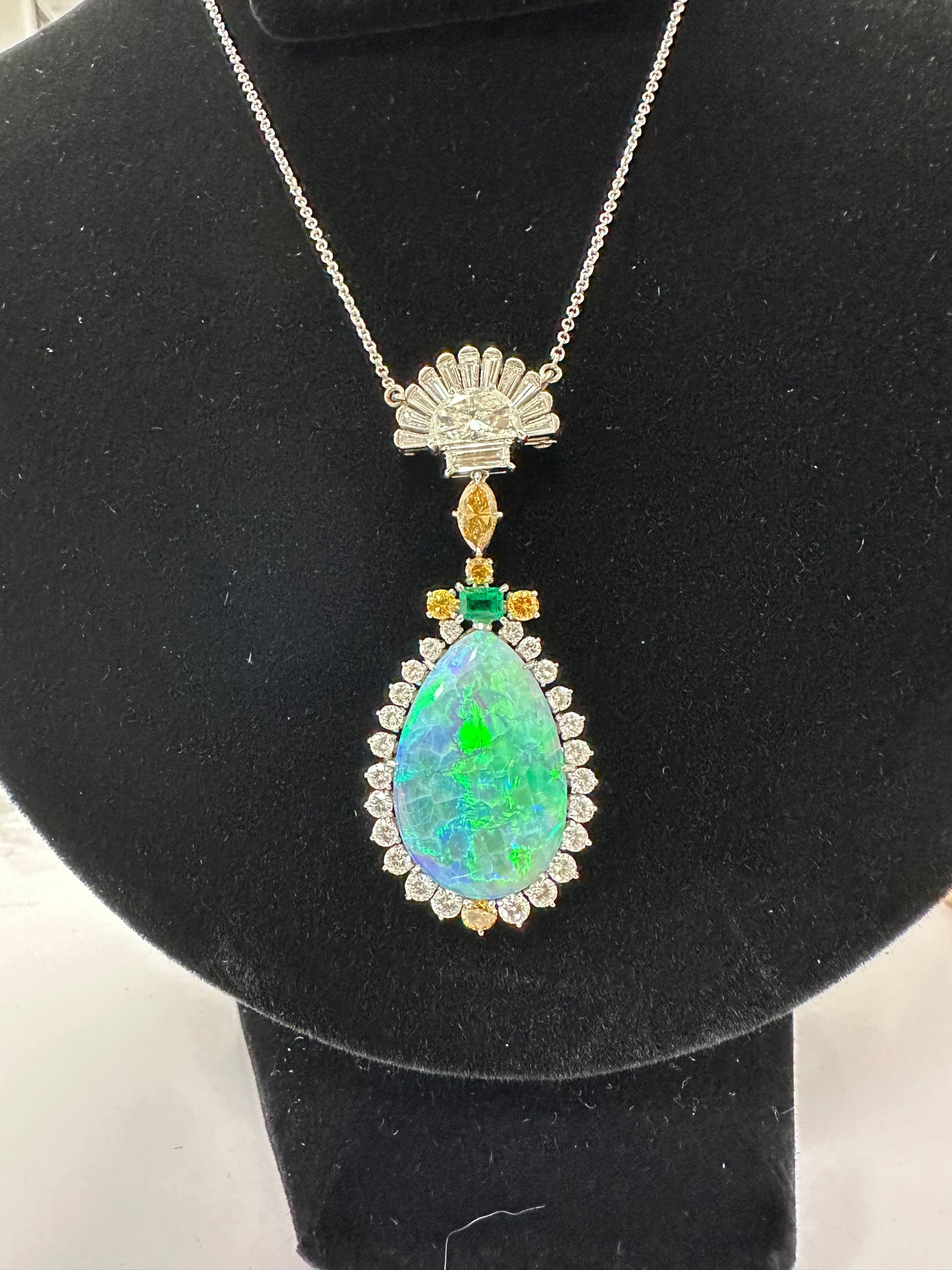 Black Opal, Diamond & Emerald Pendent/Necklace White Gold