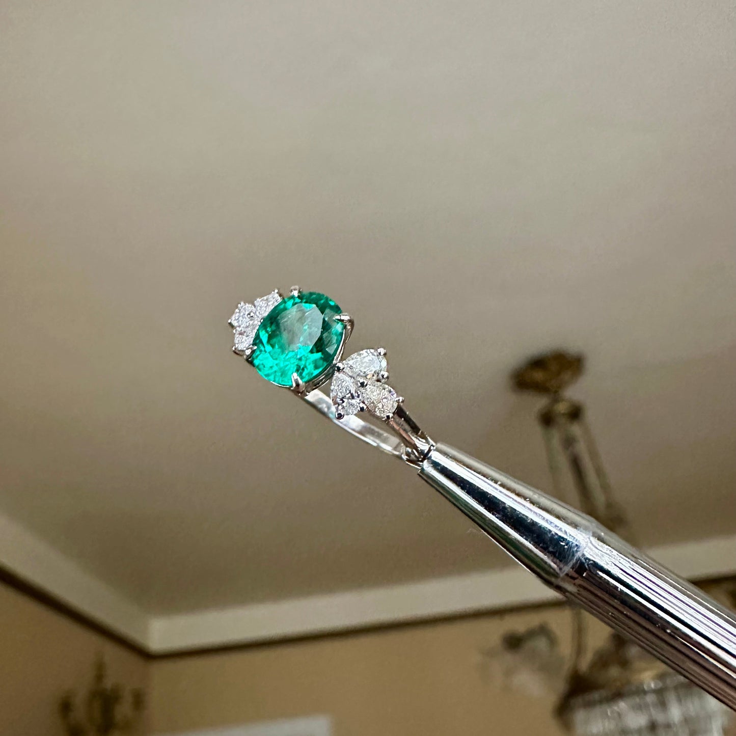 GIA 1.11 Oval Brilliant Cut Columbian Emerald & Diamond Ring 14k White Gold