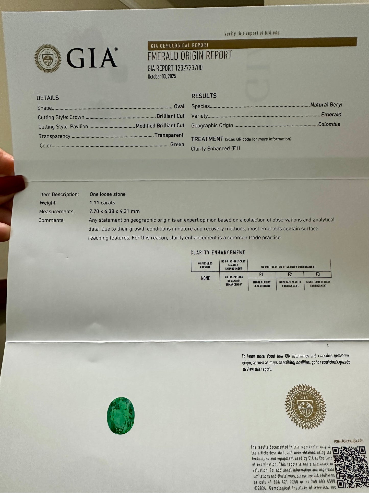 GIA 1.11 Oval Brilliant Cut Columbian Emerald & Diamond Ring 14k White Gold