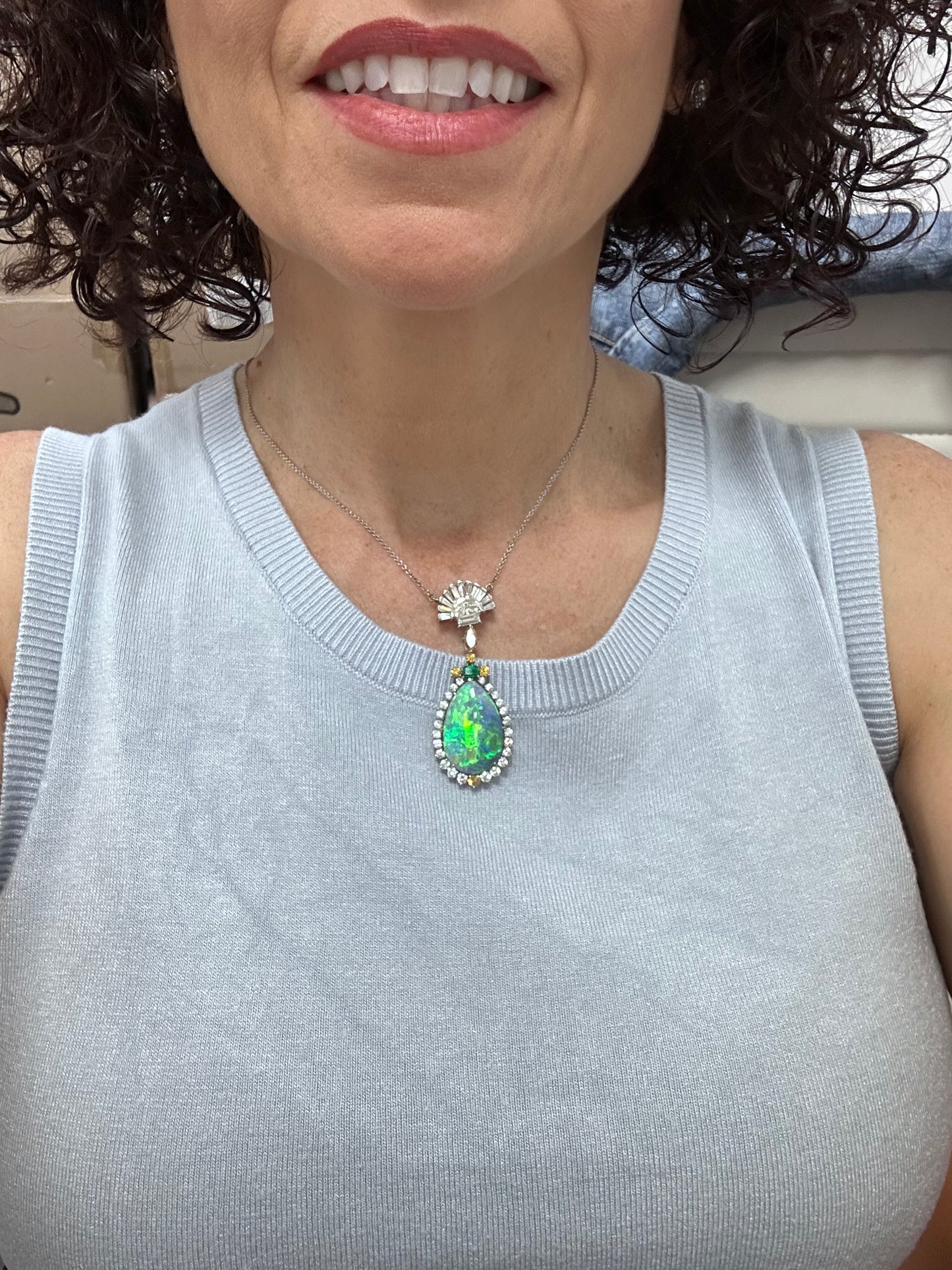 Black Opal, Diamond & Emerald Pendent/Necklace White Gold